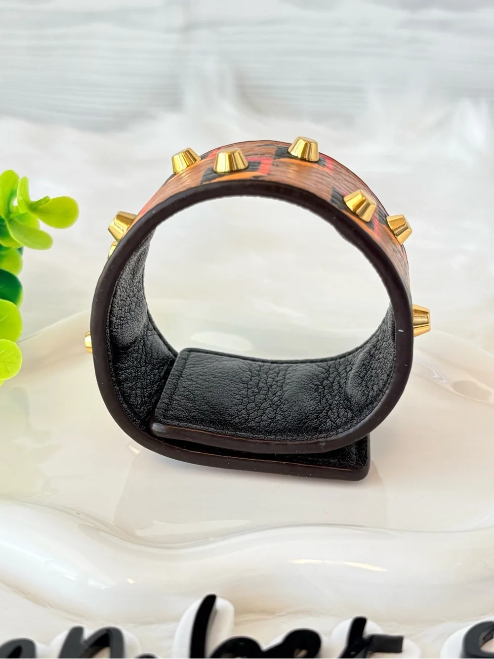 MCM Cognac Visetos Geometric Studded Leather Cuff with Pink & Black Accents